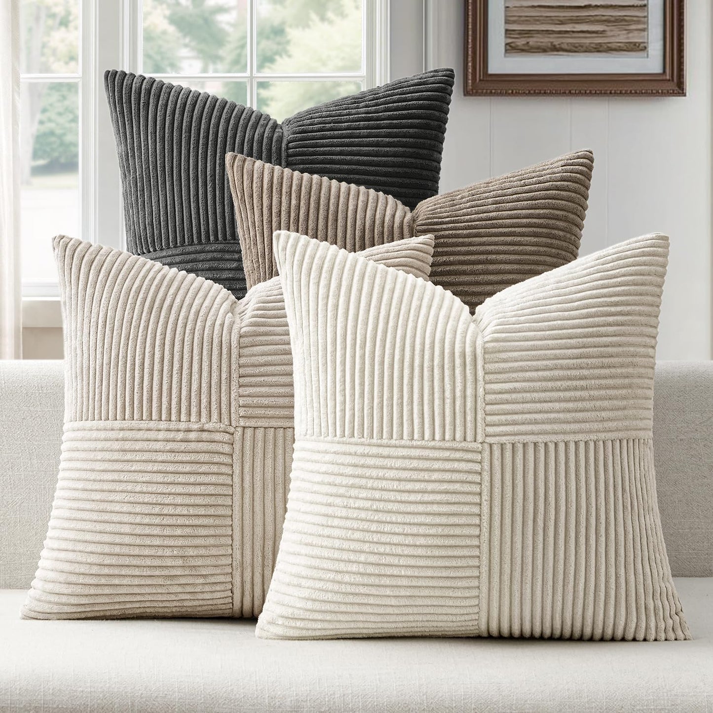 ANRODUO Pack of 4 Decorative Throw Pillows for Couch Neutral Gray 18x18 Inch Boho Cozy Soft Corduroy Cushion Covers Farmhouse Accent Pillowcases for Mid Century Summer Home Decor Sofa Bed Living Room
