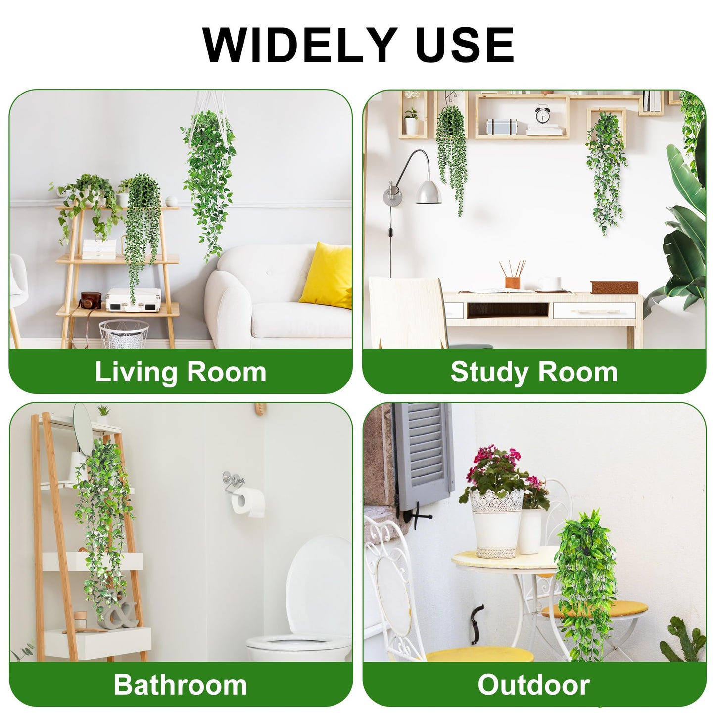USLAI Artificial Hanging Plants Vine, Fake Potted Greenery Faux Eucalyptus, Mandala, String of Pearls, Pea Pod Leaves in Pot for Office Living Room Bathroom Indoor Outdoor Décor (4 Pack)