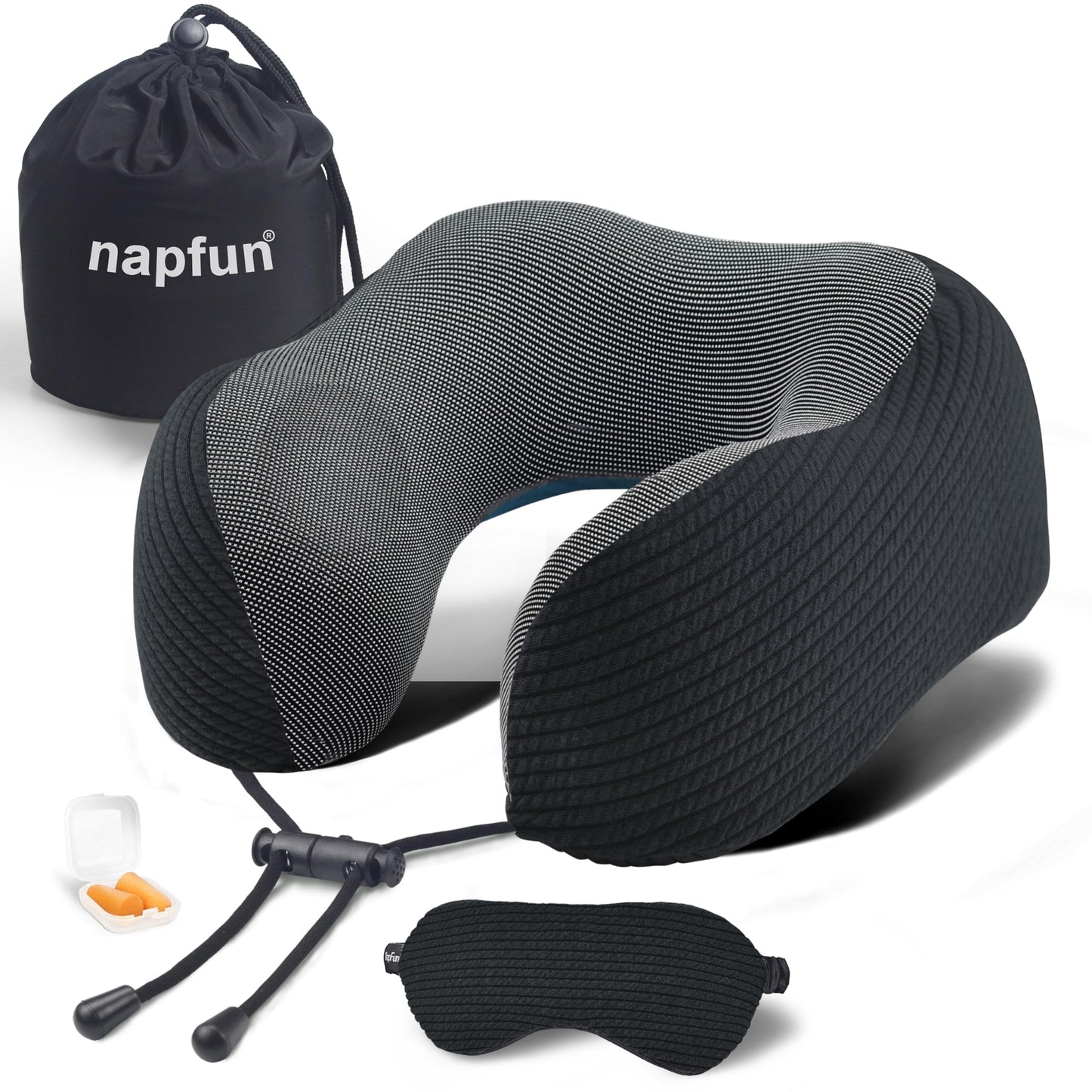 napfun Neck Pillow for Travel with Travel Pouch, Sleep Mask & Earplugs, Memory Foam Airplane Pillow for Headrest Sleep with Eyeshades, Plane Essentials with Eye Blindfold, Black Striped Kit