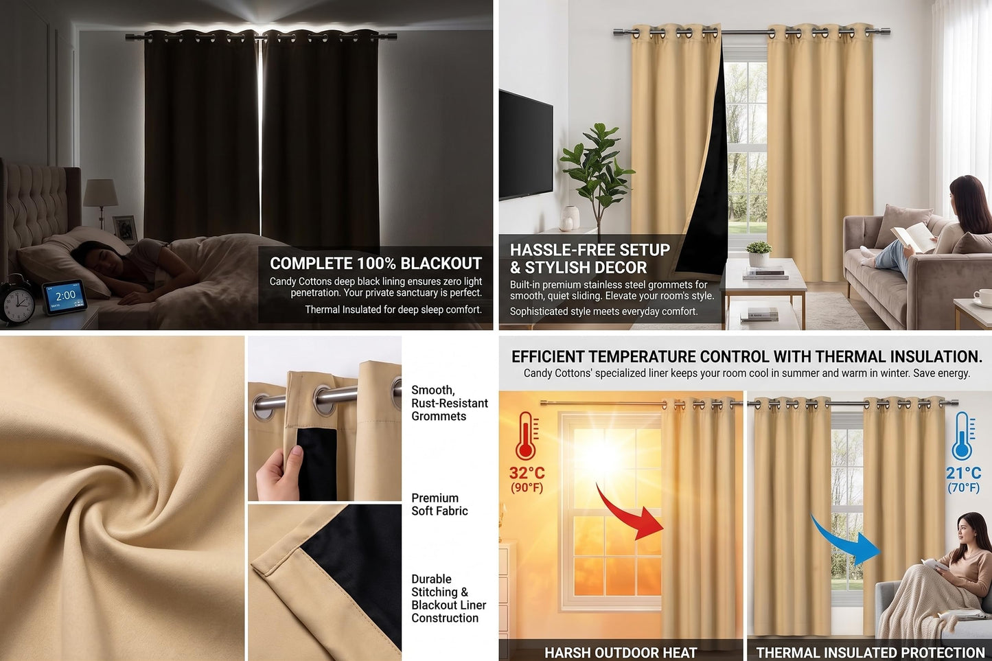 Candy Cottons Blackout Curtains for Bedroom and Living Room, Bedroom Decor, Black Liner for 100% Blackout, Thermal Insulated, Built with Stainless Steel Grommet, Easy Installation, Grey, 52x54