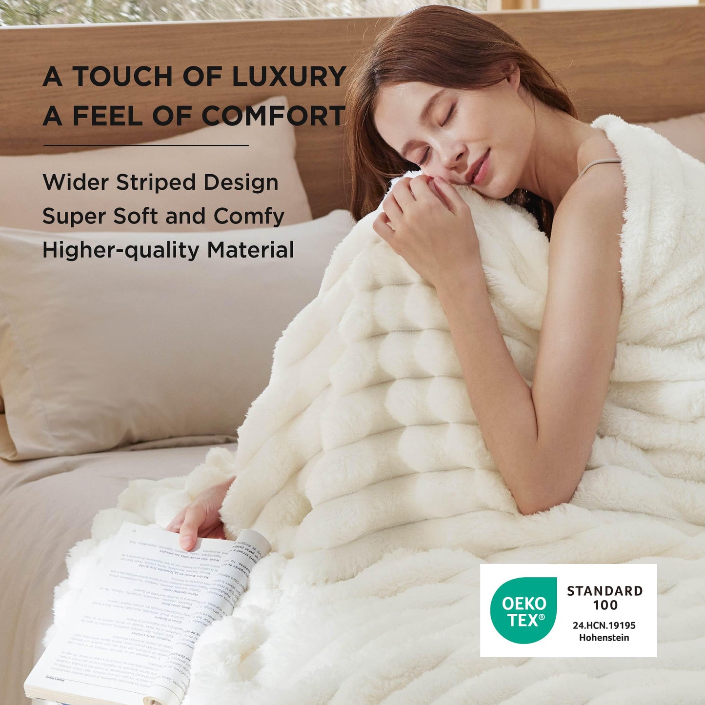 Bedsure Blankets Queen Size for Bed - 350GSM Super GentleSoft Fuzzy Fluffy Cozy Blankets for Women, Cute Large Plush Fleece Throws for Girls, White，90x90 Inches, Wider Striped Design
