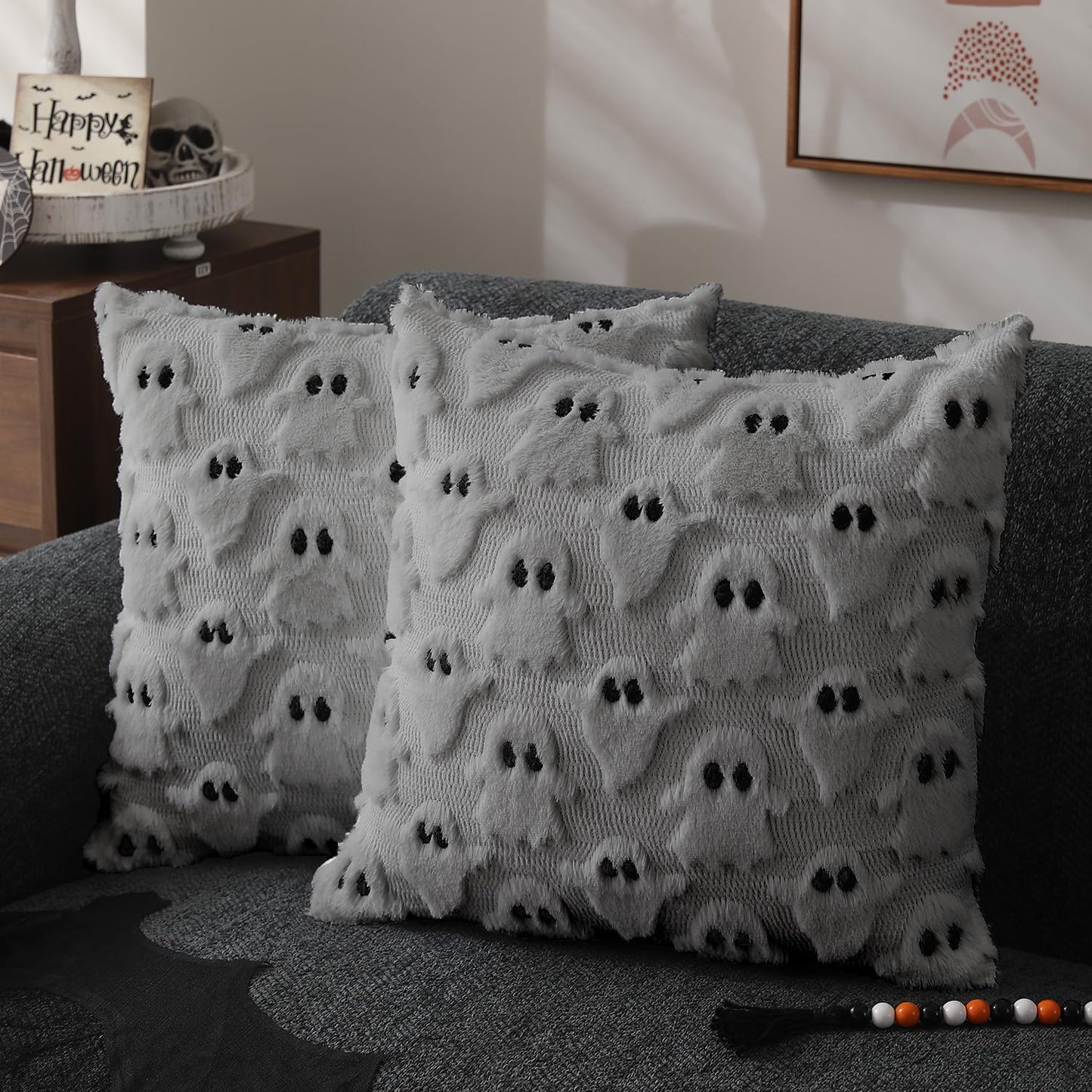 DFXSZ Halloween Pillow Covers 20x20 inch Set of 2 Silver Gray Ghost Throw Pillow Cases Soft Plush Faux Fur Wool Couch Cushion Case for Chair Sofa Bedroom Living Room Home Decor PTK03X20