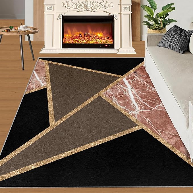 Black Gold Marble Rug Modern Geometric Marble Area Rug Mid-Century Minimalist Geometric Rugs Vintage Crackle Carpet Washable Non-Slip Carpet for Bedroom 7x8ft