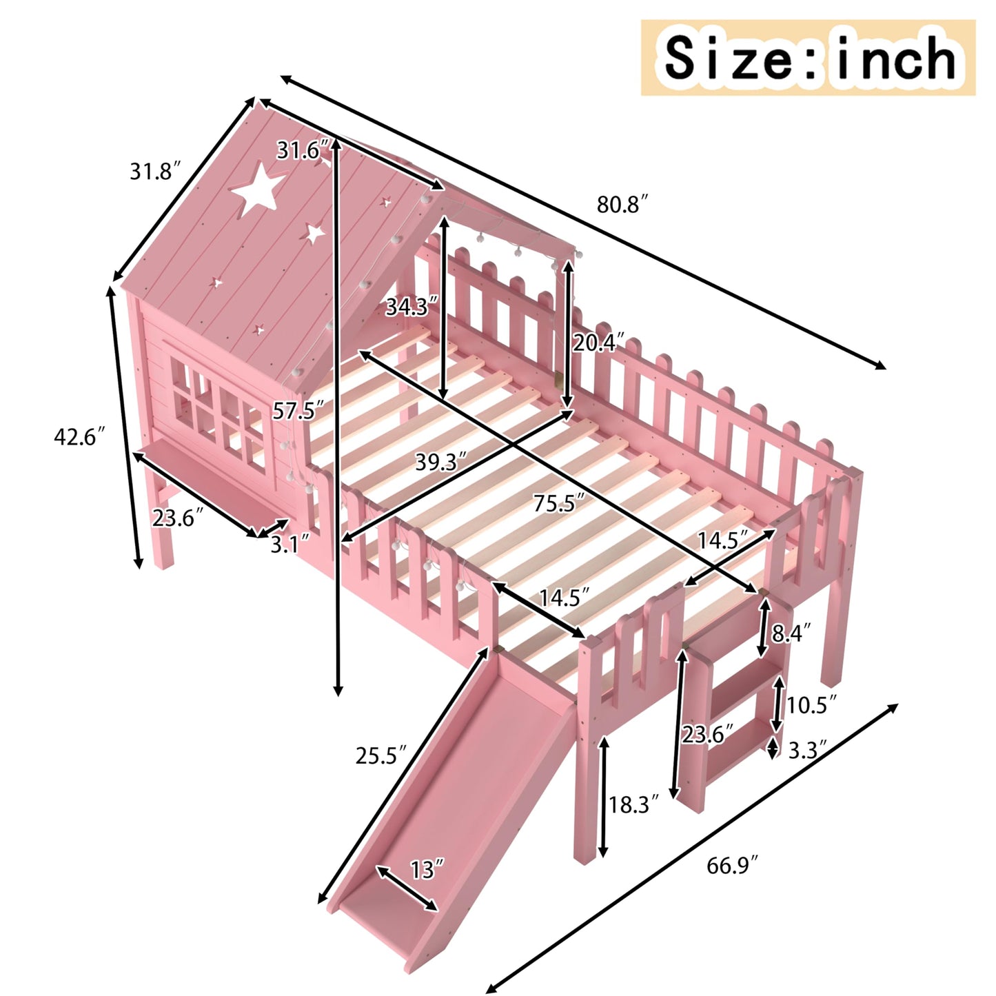 Bellemave Twin Loft Bed with Slide and Ladders, Solid Wood Low Loft Bed with Tray, Lights, Playhouse Roof, House Loftbed Frame for Kids, Boys, Girls, Childlike and No Box Spring Needed Design, Pink