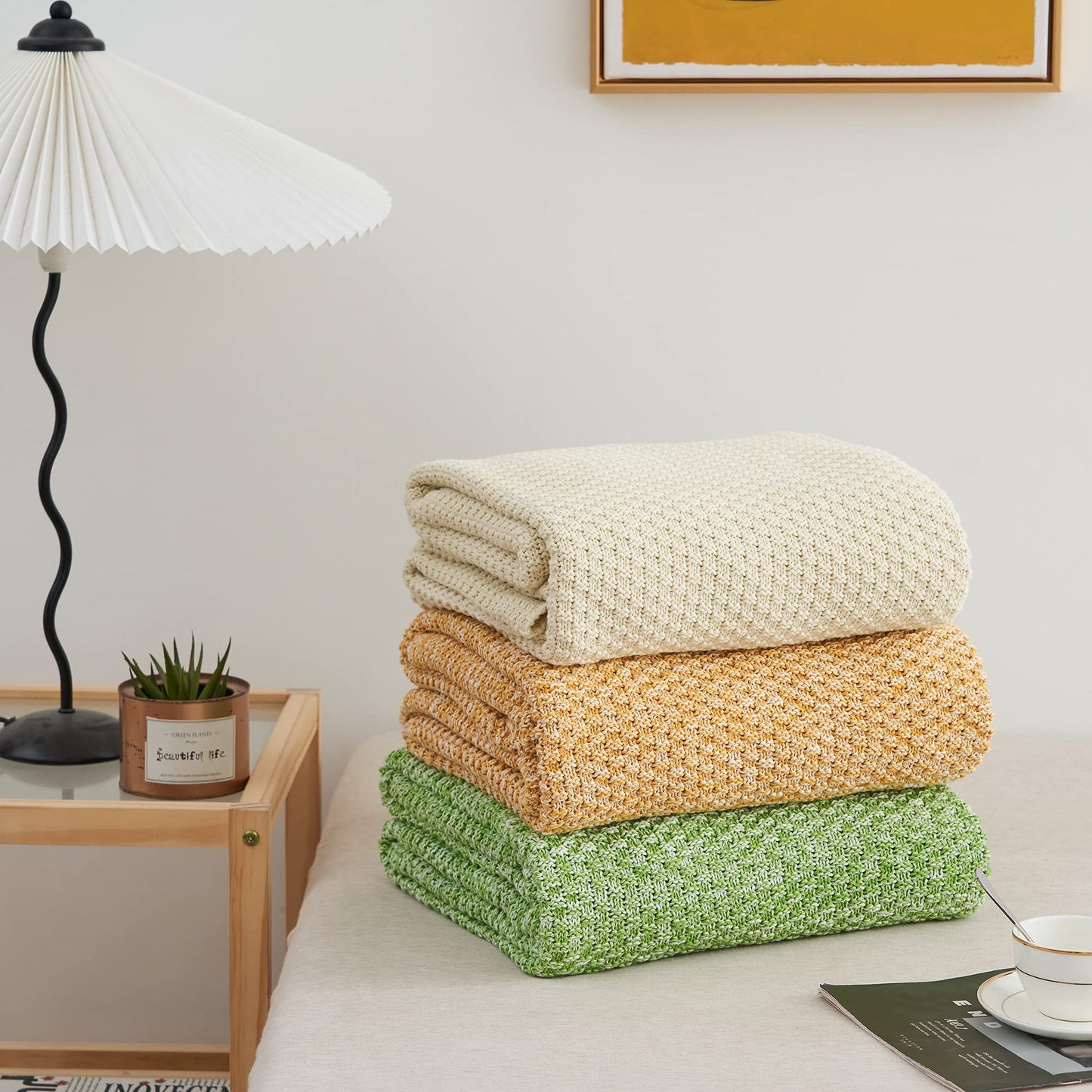 Longhui bedding 100% Cotton Knitted Throw Blanket – Cream, Soft & Cozy, Machine Washable, 51"x63" – Perfect for Living Room, Couch, Sofa, Bed or Travel