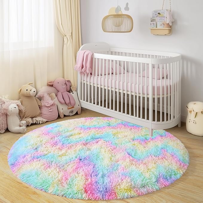 Round Fluffy Rugs 8Ft for Girls Bedroom, Rainbow Shag Circle Kids Rug Non-Slip for Bedside Dorm Nursery Playroom, Soft Cute Area Rugs for Living Room Decor