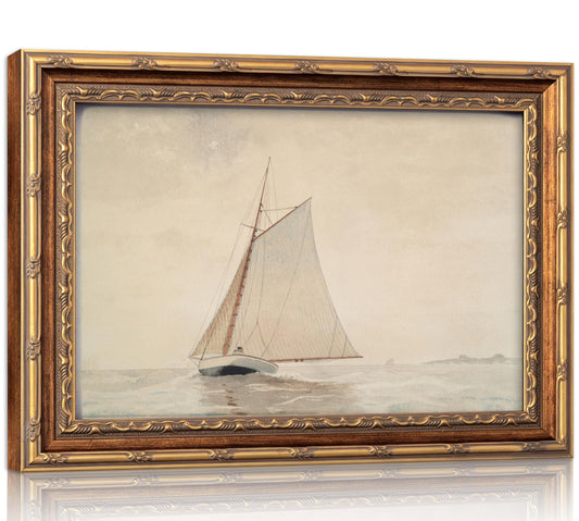 XINGORRIE Vintage Gold Frame Sailboat Canvas Wall Art -Nautical Watercolor Painting Prints Retro White Sailboat Wall Decor Seaview Sketch Artwork for Living Room Bedroom Office Bathroom Decor 9x11in
