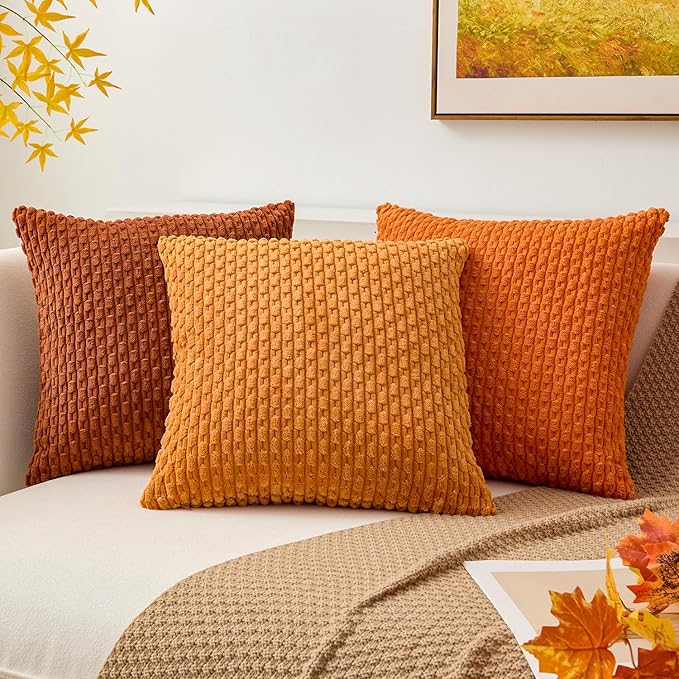 Kevin Textile Fall Pack of 2 Corduroy Decorative Throw Pillow Covers 18x18 Inch Soft Boho Striped Pillow Covers Modern Farmhouse Home Decor for Spring Sofa Living Room Couch Bed Orange