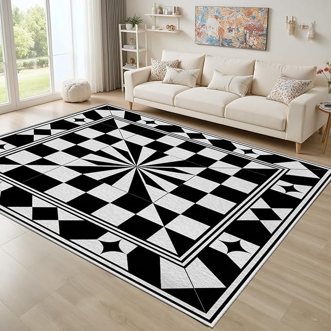 Black and White Checkered Rug, Checkered Rug, Modern Geometric Pattern Carpet, Retro Machine Washable Non Slip Area Rugs, Contemporary Rugs for Living Room/Bedroom 7x9