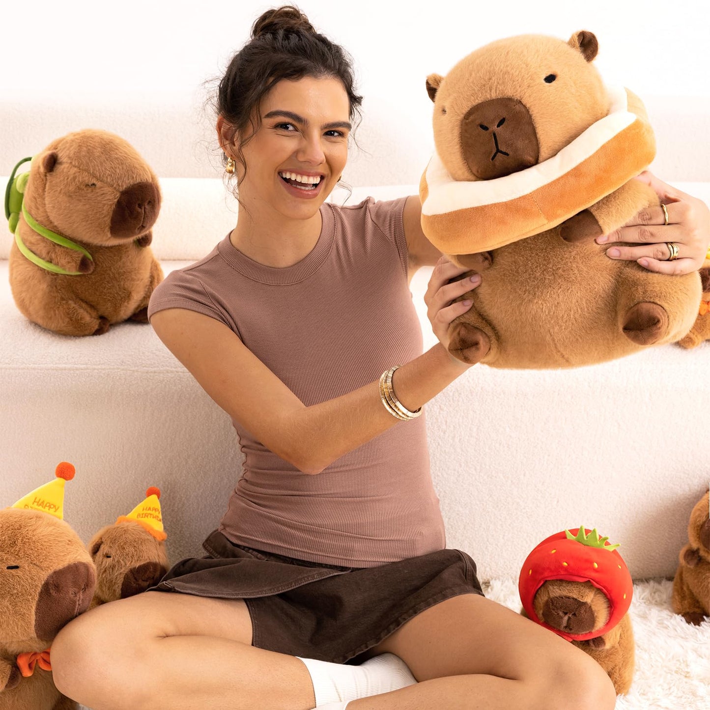 Ditucu Cute Capybara Plush Pillow with Wearable Toast Headgear Stuffed Animal Bread Capibara Plushies Toys Gifts for Kids Brown 11 inch