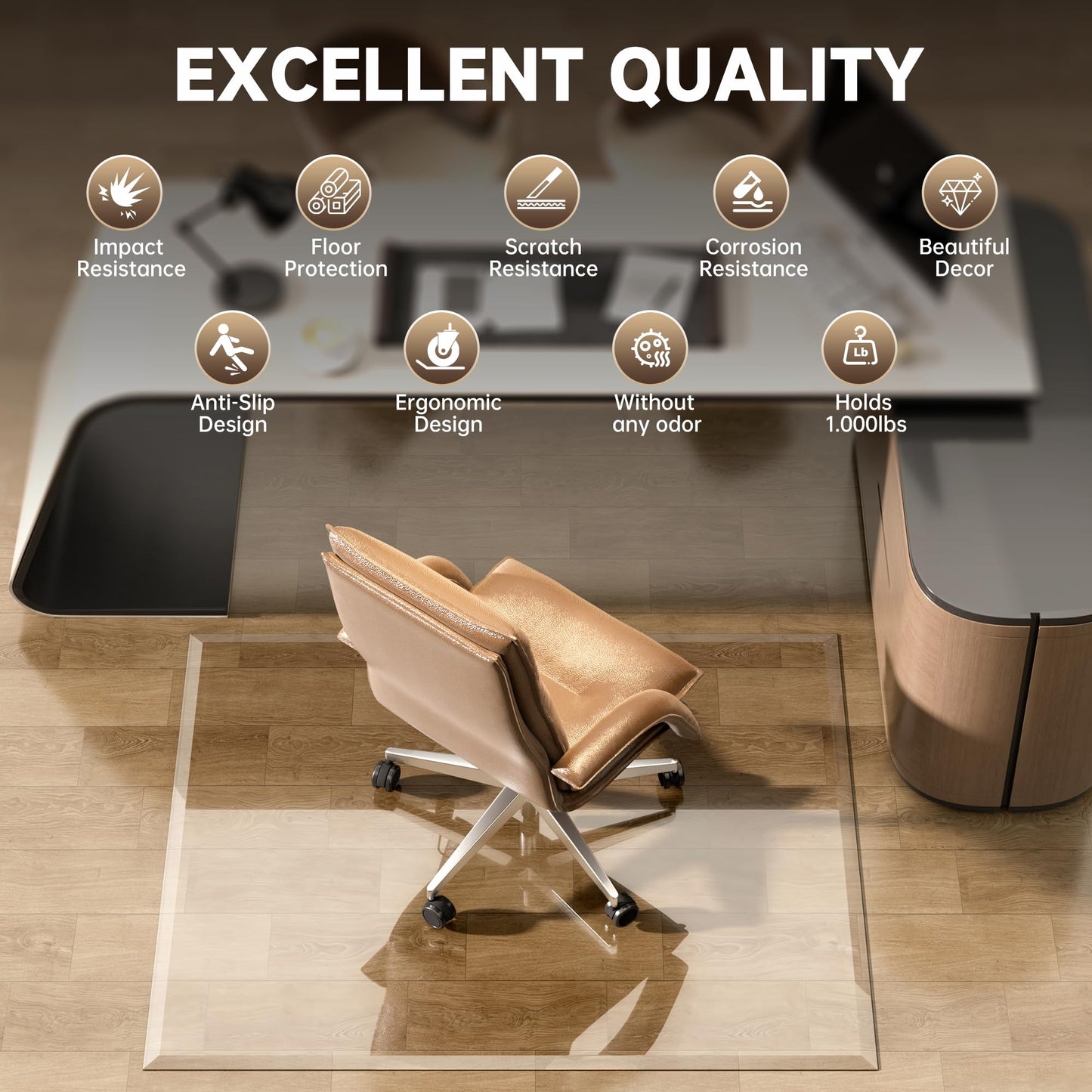 [Tempered Glass] 59“ x 47” Beveled Edge Glass Chair Mat with Polished Edge Clear Office Chair Mat, Glides Smoothly, Suitable for Carpet or Hardwood Floors