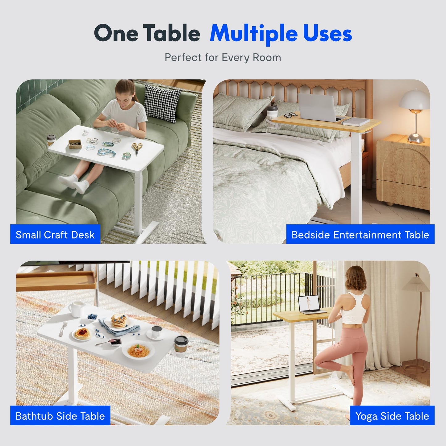 FLEXISPOT H7 Adjustable Overbed Bedside Table with Wheels Pneumatic Mobile Standing Desk Laptop Desk Rolling Computer Cart Movable Overbed Table Hospital Home Use(27.6" W x 15.7" D, White)