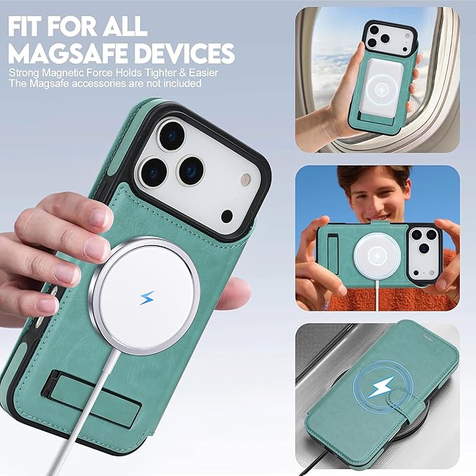CIVICASE for iPhone 17 Pro Wallet Case with Stand,PU Leather Flip Credit Card Holder Slots (RFID Blocking),Compatible with Magsafe Magnetic Holder Phone Cover Women Men,Green