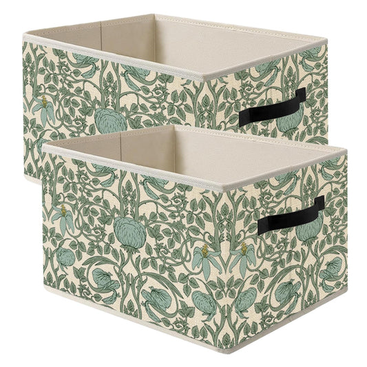 FITIE William Morris Inspired Vintage Pastel Green Floral Botanical Storage Bin Box with Handles,Green Vine Flowers Foldable Organizer Basket for Girls Room Bedroom Bathroom Clothes Books, Set of 2