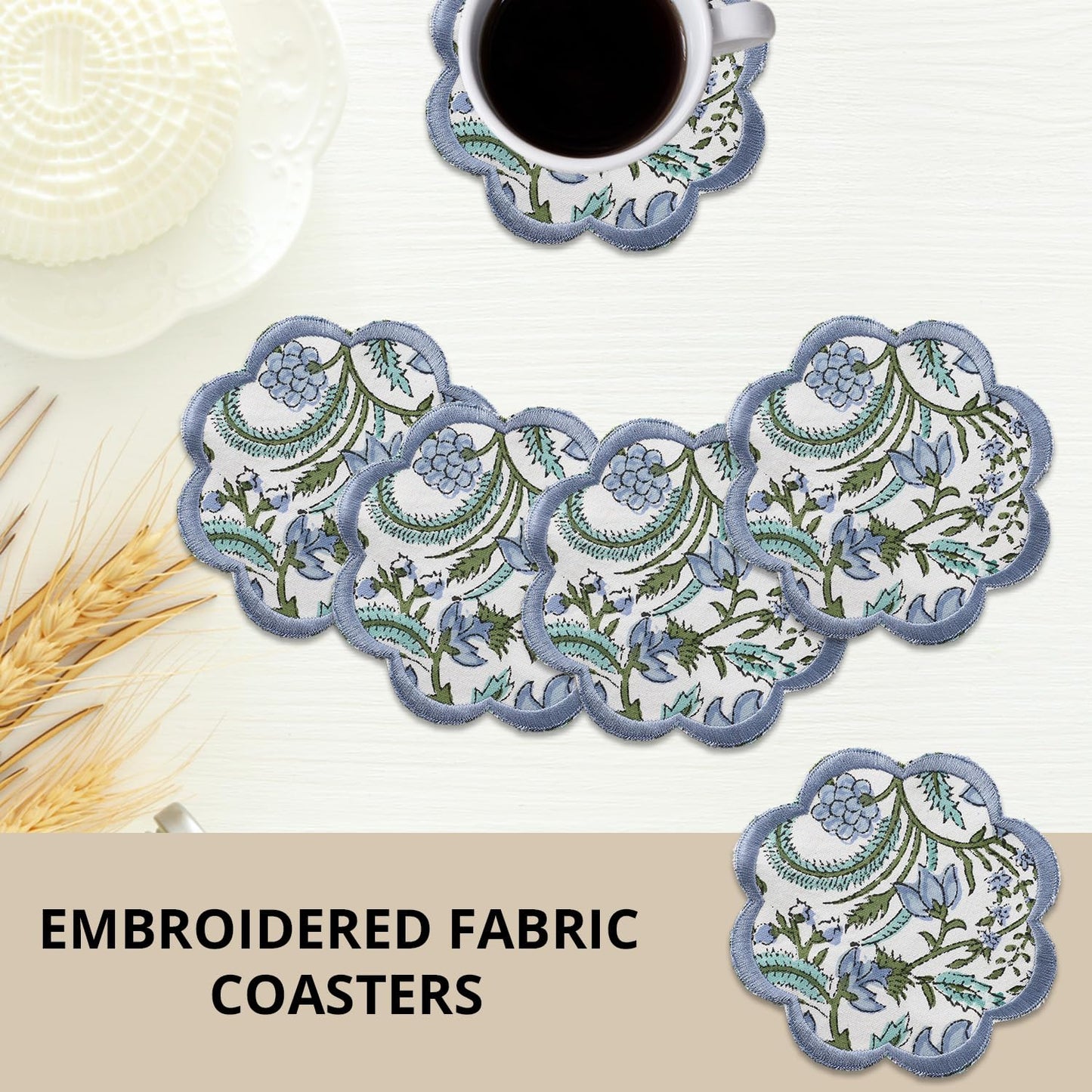 Ridhi Hand Block Print 8- pcs Canvas Cotton Drink Absorbent Stylish Embroidery Scallop Coaster Set Boho Modern Home Decor and Wooden Table Protection 5 inch Columbia Blue