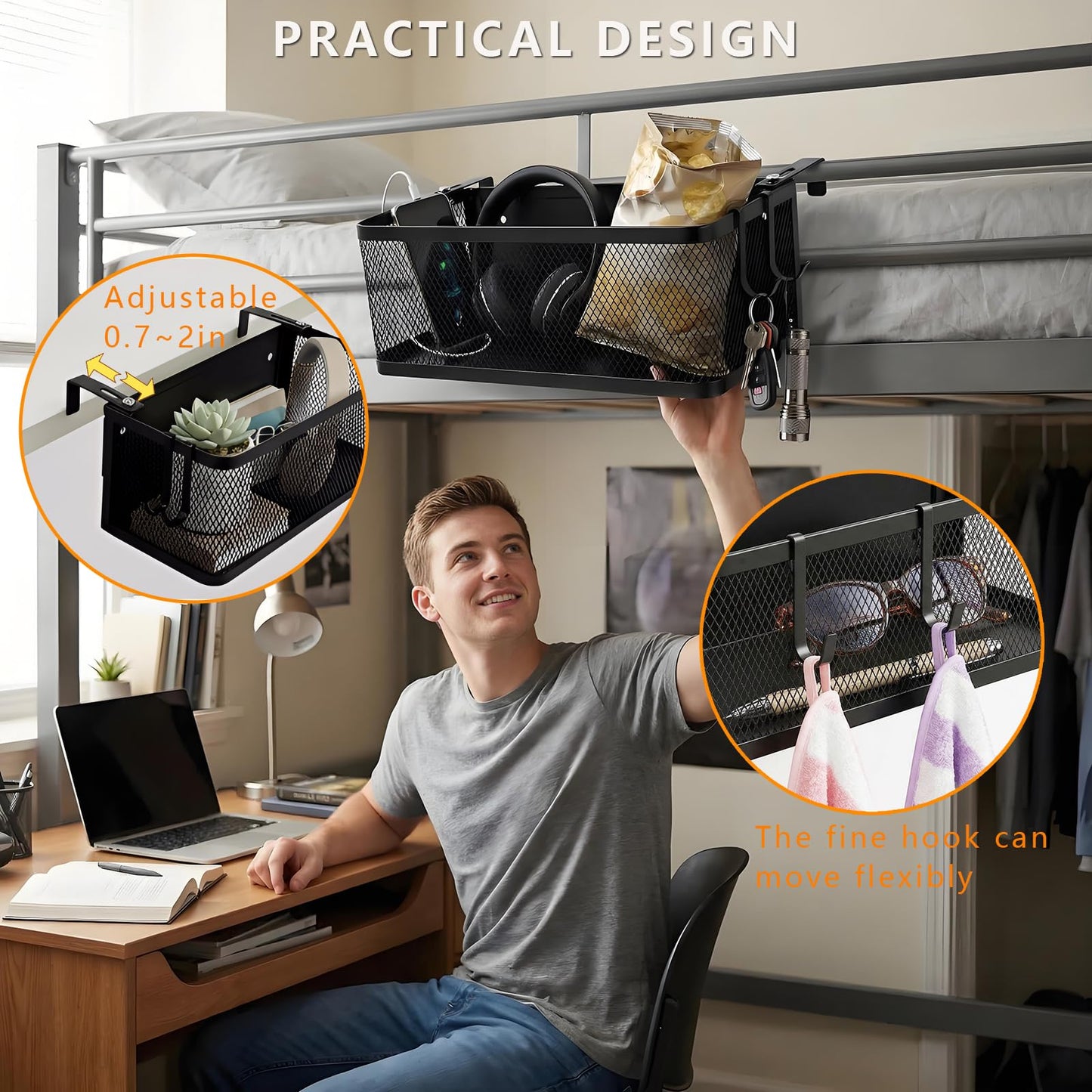 AZSRKRBM Bedside Caddy Shelf with Hook, Bed Shelf Organizer for Bunk Bed, Office Cubicle, Dorm Room, Holder for Phone, Snacks, Books (Black, 11*4.9*3.9 inch)