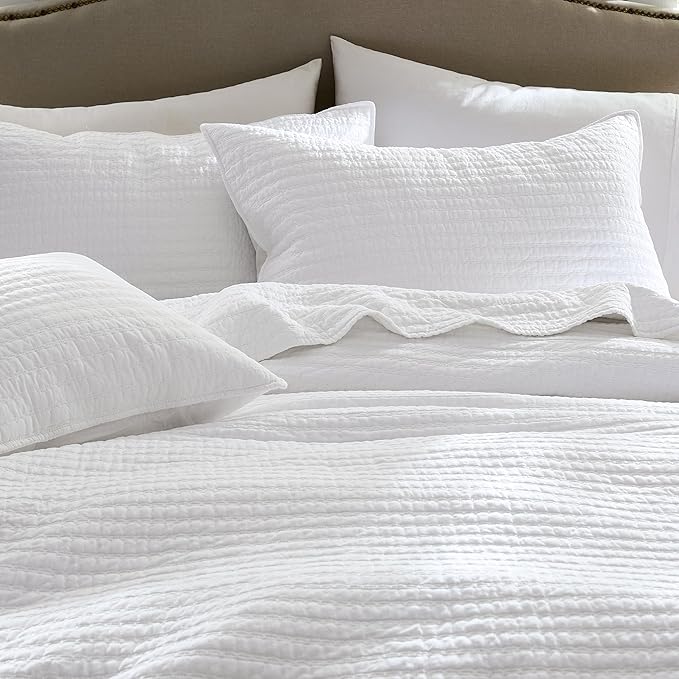 WDCOZY 100% Cotton Queen Size Quilt Set - White Striped Pick Stitch Soft Lightweight Bedspread, Textured Like Linen, Farmhouse Country Rustic Coverlet, Shabby Chic Gauze Bedding, 3 Pieces