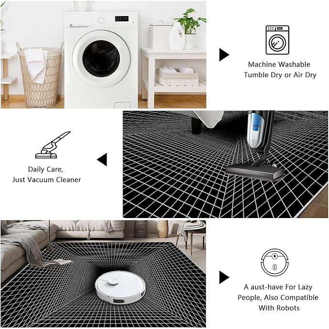 Optical Illusion Rug - Washable Rugs 6x8, Abstract Geometric Lines Soft Neutral Indoor Floor Mats Plaid Carpet, Non-Slip Stain Resistant Modern Black Rug for Bedroom, Living Room Rugs