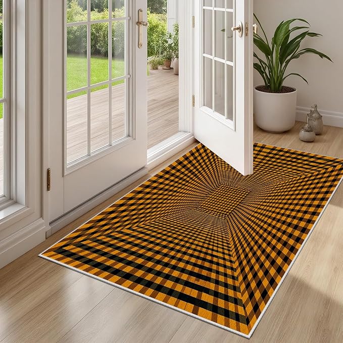 3D Rugs Optical Illusion - Plaid Rug 4x5, Geometric Stripes Soft Neutral Indoor Floor Mats Carpet, Non-Slip Stain Resistant Modern Orange Rug for Bedroom, Living Room Rugs