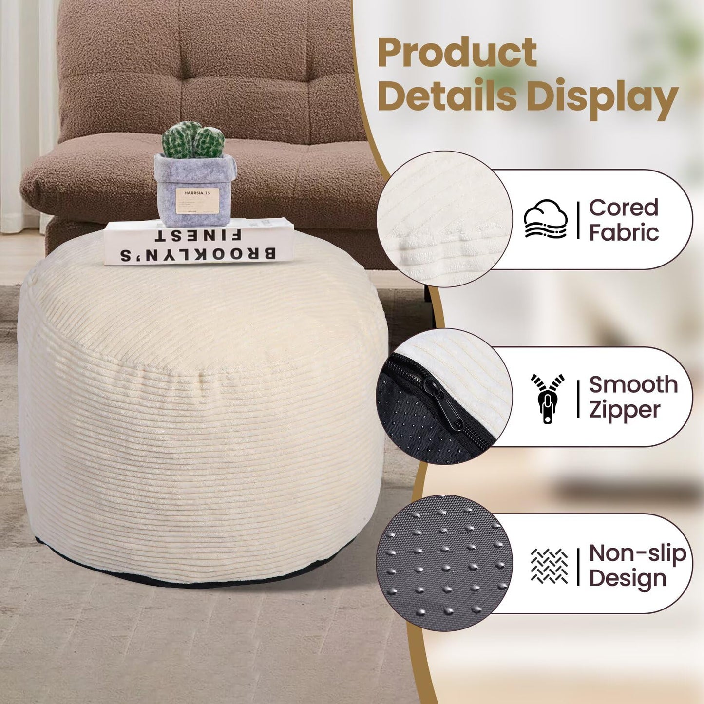VBGYA Round Pouf Ottoman Foot Rest with Foam Chunk Filling, Corduroy Ottomans for Living Room Floor Poufs (20"x15",Beige)