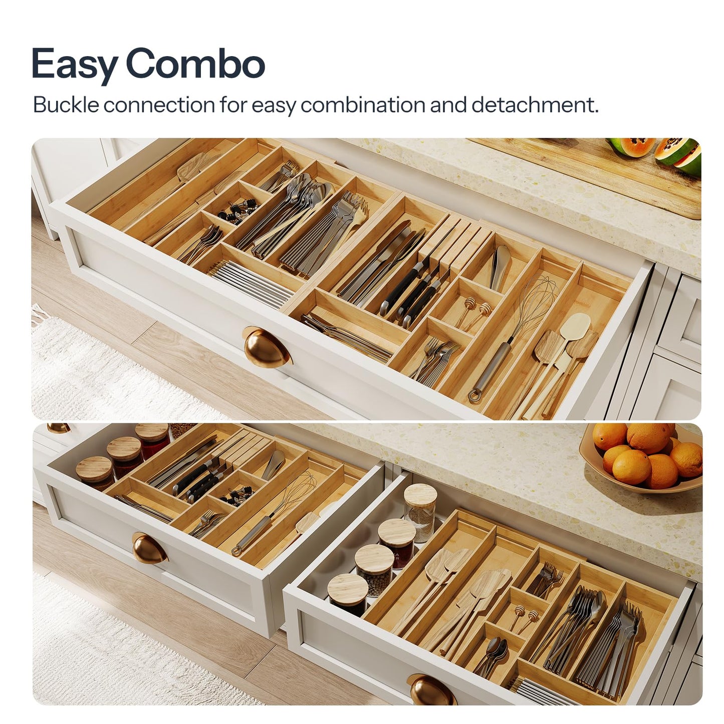HOOBRO Large Silverware Organizer Kitchen Drawer Organizer, Magnetic Connected Expandable Utensil Organizer From 22 to 35 Inches, Bamboo 16 Slots Cutlery Tray with Knife Holder, Natural YL07TL01