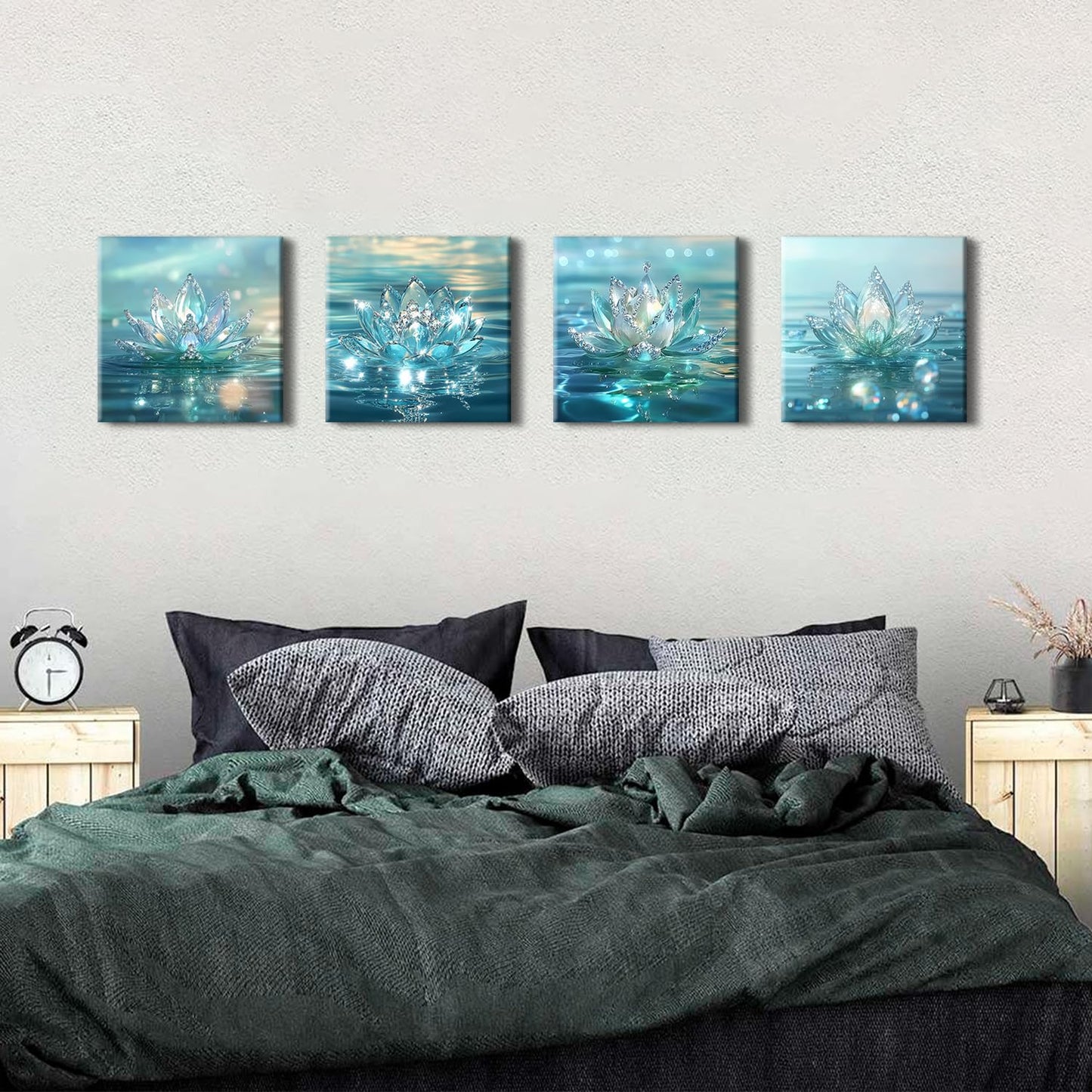 Lotus Flower Wall Art Teal Bathroom Wall Decor Zen Picture for Walls Canvas Prints Paintings Spiritual Meditation Wall Decor Turquoise Water Flowers Poster Yoga Room Artwork Decorations 12x12" 4Pcs