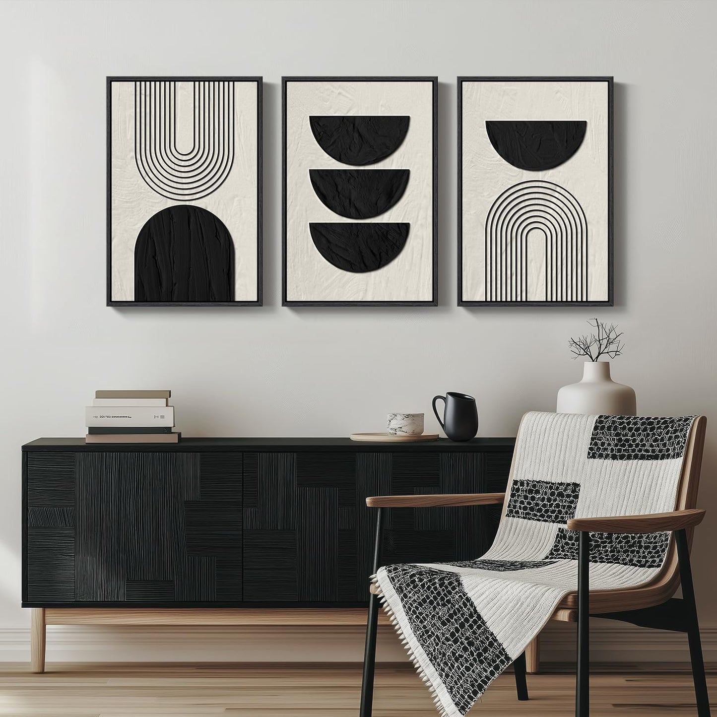 Framed Boho Black and White Abstract Wall Art, 3 Piece Modern Beige Canvas Prints Paintings Artwork for Walls, Black Geometric Pictures for Living Room Bedroom Hallway Office Wall Decor 16x24 In