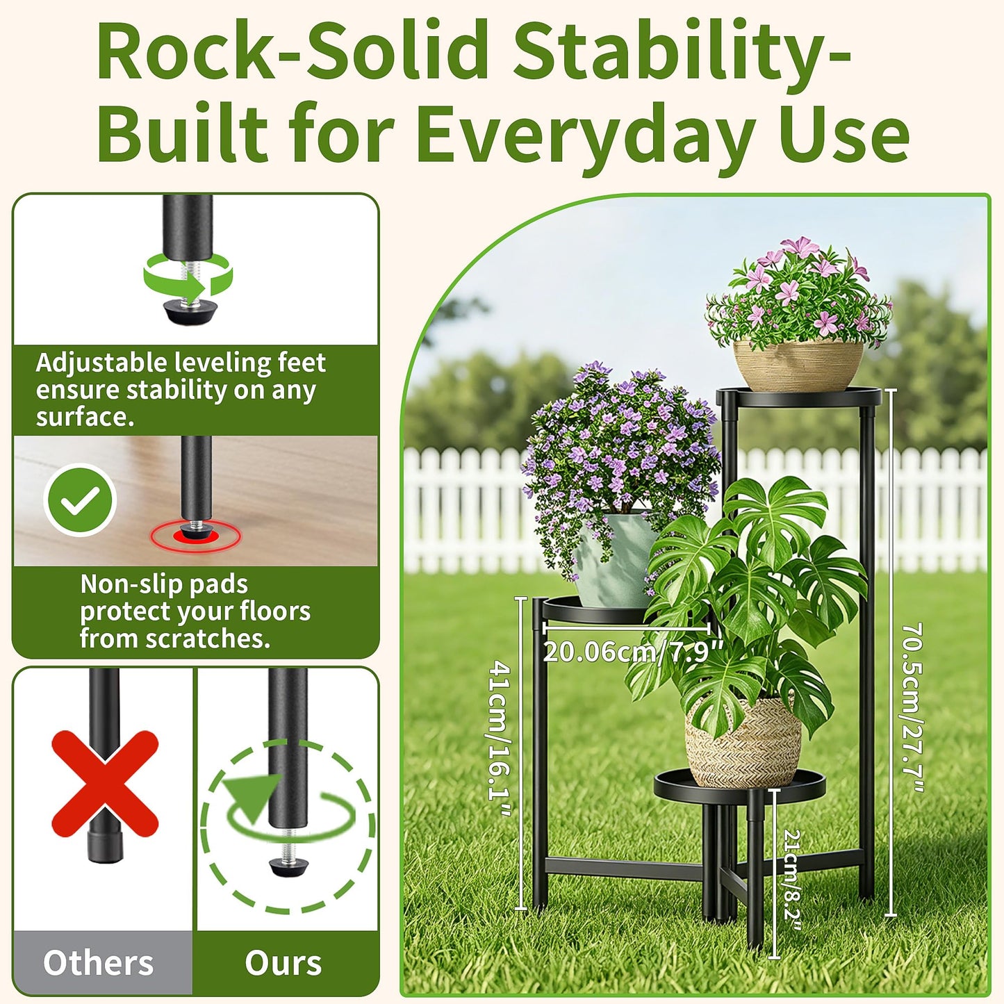 NQW 3 Tier Large Plant Stand Indoor with 7.9 Inch Wide Tray, Tiered Corner Metal Outdoor Flower Holder Stand, Folding Tall Rack for Display Shelf for Patio Porch Balcony - BlackDisk