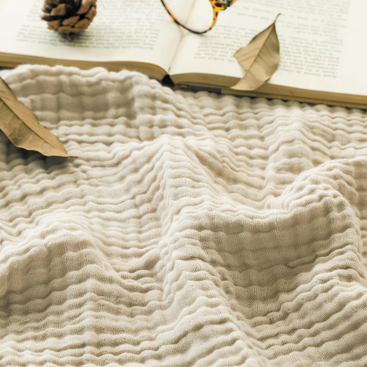 EMME Cotton Throw Blanket Large 4-Layer Gifts for Women 100% Muslin for Couch Breathable Gauze All Season Beige Soft and Lightweight Pre-Washed