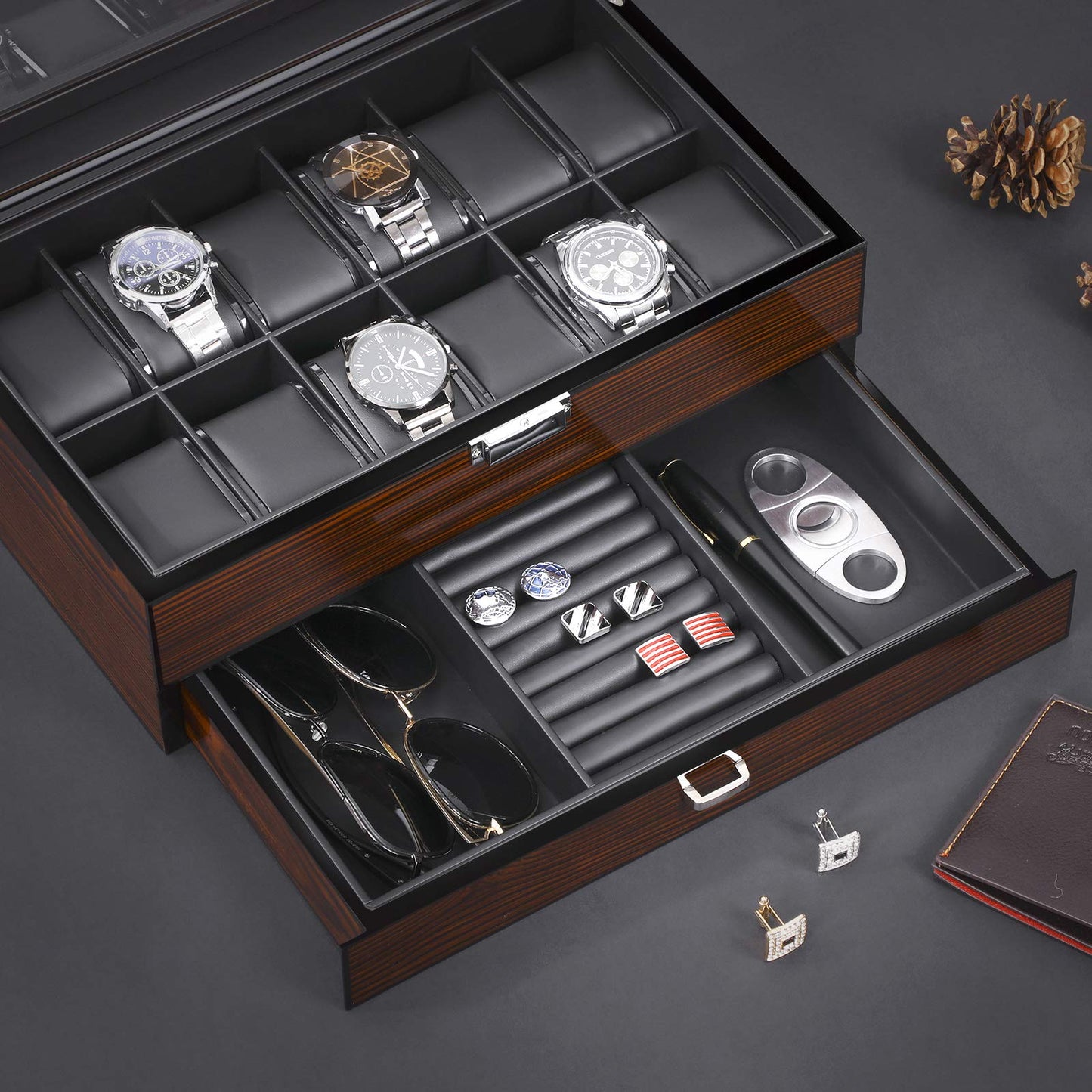 BEWISHOME Watch Box 12-Slot, Watch Case with Large Glass Lid