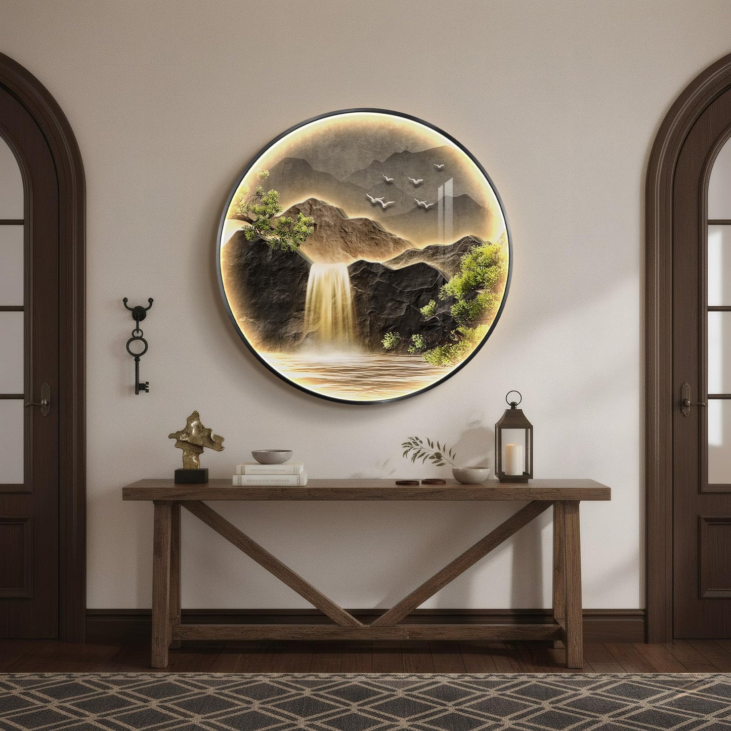 Large LED Mountain Waterfall Wall Art for Living Room, Framed Round Modern Lighted Landscape Picture Artwork for Walls, Backlit Nature Wall Decor for Hallway, Dining Room, Entryway, Office, 30x30 Inch