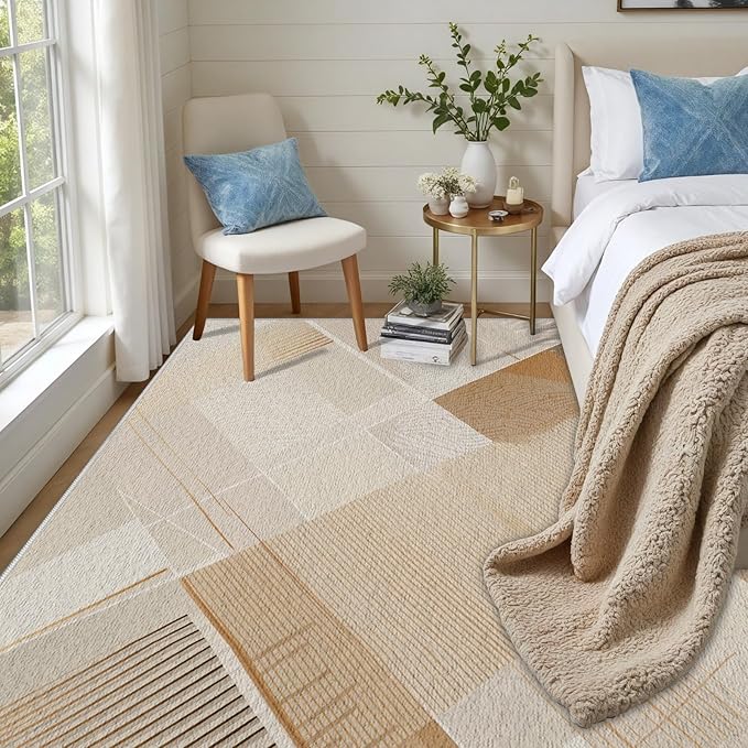 Minimalist Abstract Area Rug 7x9 Brown Boho, Modern Washable Stripe Art Rugs, Soft Non-Slip Low-Pile Carpet for Living Room, Bedroom, Kitchen, Dining Room, Pet Friendly, Non-Shedding, Beige