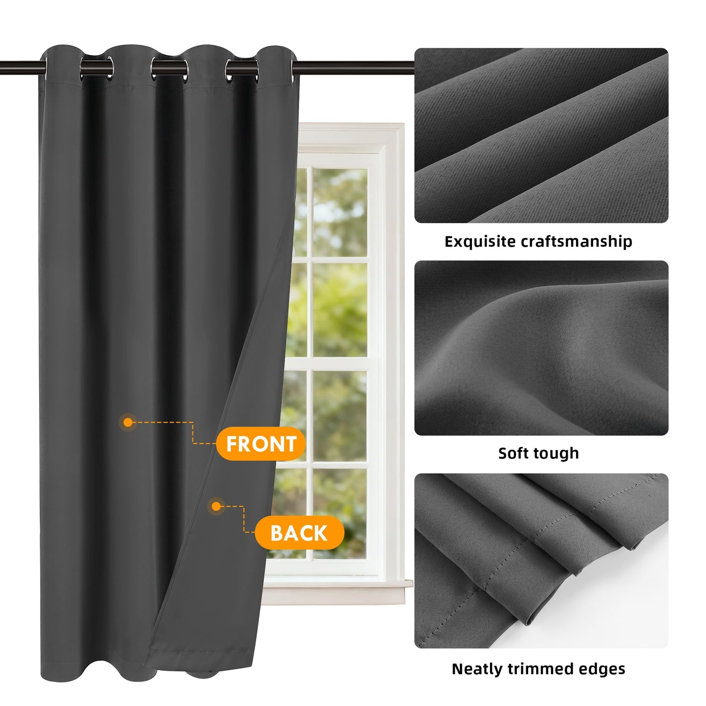 2-Panel-Curtain Room Darkening, 84 Inch Length for Bedroom Living Room, Insulated Thermal Grommet Curtain Drapes, Blackout(60-90%,Not 100%) Window Treatment Decor, Pack of 2, 52x84, CharcoalGrey