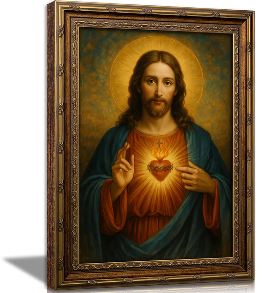 Vintage Framed Canvas Wall Art Sacred Heart of Jesus Paintings Pictures Wall Decor Christian Poster Printing Artwork for Living Room Bedroom Prayer Room Home Decoration 9x11 Inch Ready to Hang