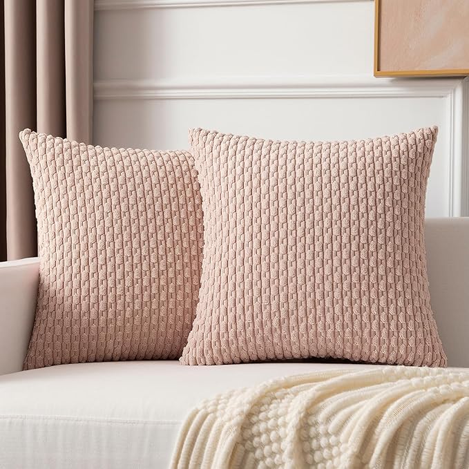 Kevin Textile 24x24 Pillow Covers 2 Packs Light Pink with Stripe Pattern Super Soft Corduroy Square Solid Cushion Cover Valentines Day Gifts for Couch Sofa Bedroom Living Room 60x60 cm