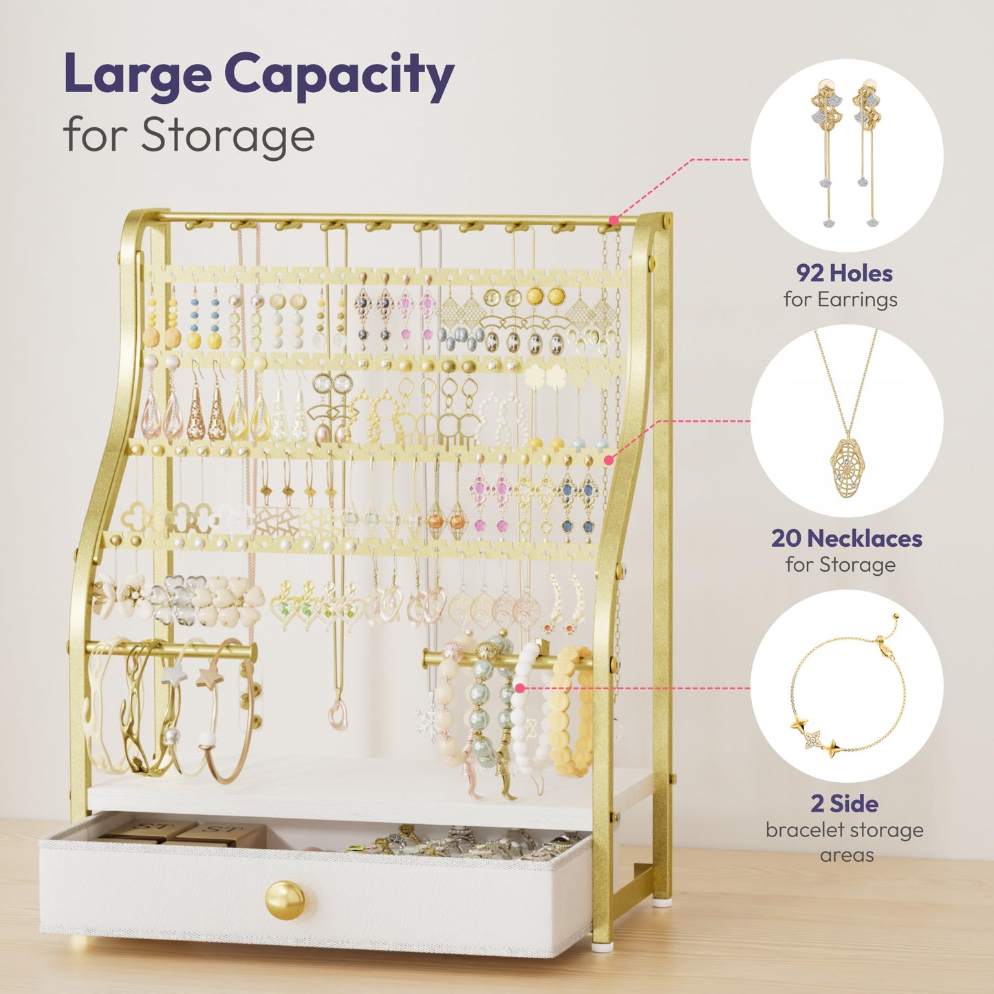 SWTYMIKI Earring Holder Organizer - Jewelry Organizer Stand with Necklace Hooks, Watch Rods, Nonwoven Drawer, Large Capacity Jewelry Display for Stud Earring Bracelet Necklace Ring, Gold
