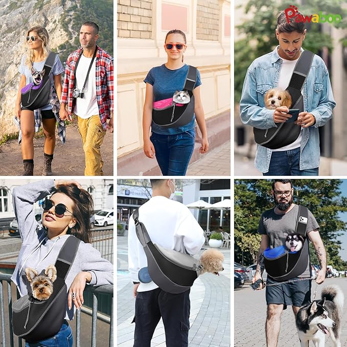 Pawaboo Dog Sling Carrier, Hand Free Breathable Mesh Bag for Puppy Cat, Drawstring Dog Papoose with Adjustable Strap and Pocket, Crossbody Satchel Dogs Purse for Outdoor Travel, L, Deep Purple