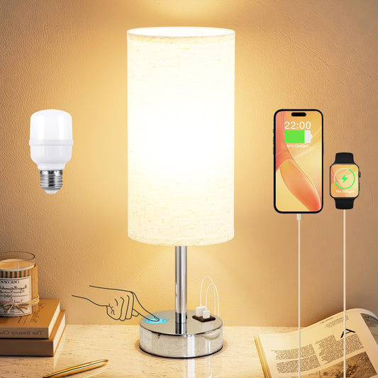Dicoool Touch Table Lamp for Bedroom, 3 Way Dimmable Bedside Lamp with USB C & A Charging Ports - Small Desk Lamp for Dorm Room, College, Kids, Office, Living Room, White
