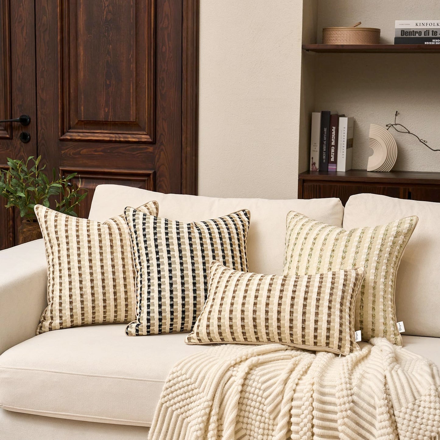 Yangest Boho Cotton and Linen Rectangle Pillow Cover 12x20 Inch, Striped Luxury Couch Pillowcover Accent Modern Decorative Cozy Soft Pillow for Sofa Couch Bedroom Living Room, Coffee Brown