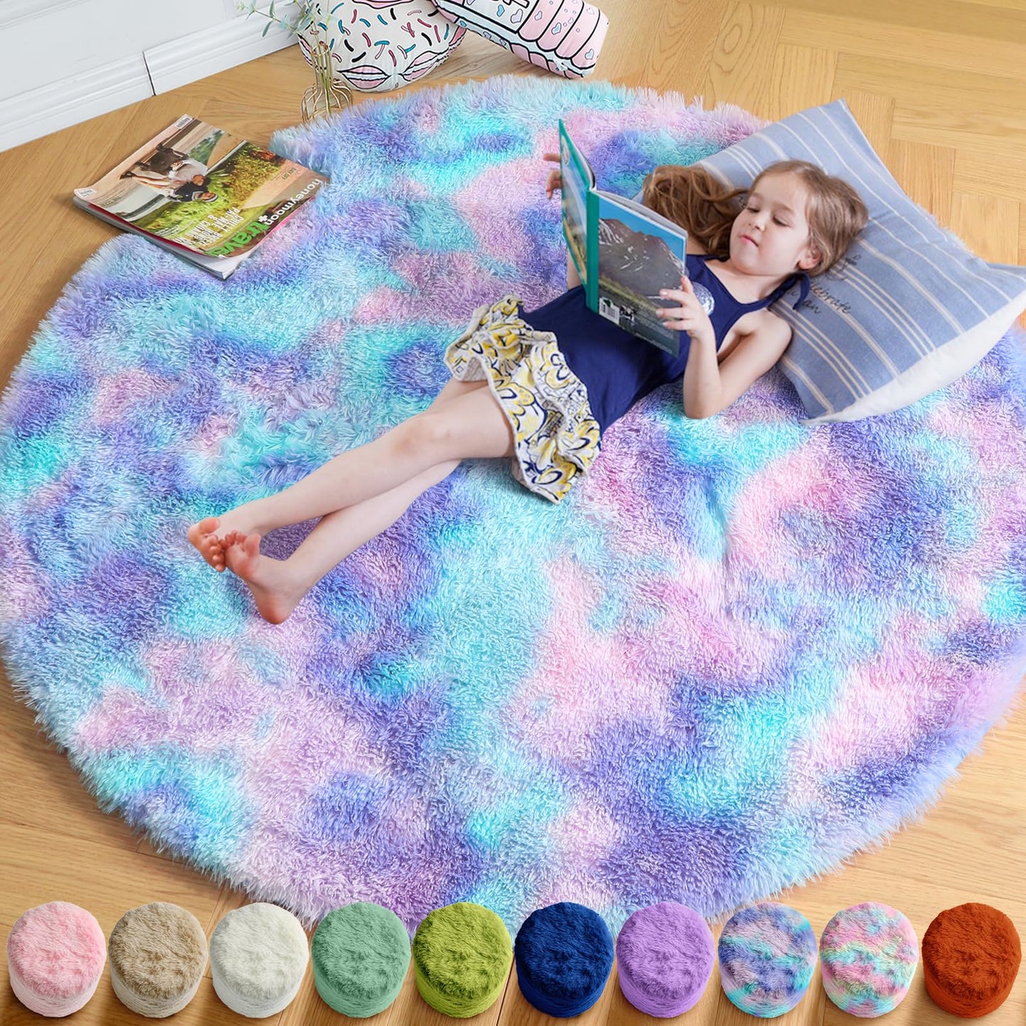 Amdrebio Purple Rainbow Round Rug 4Ft for Bedroom Girls Room Decor, Circular Mermaid Kids Rugs for Playroom Nursery Dorm, Fluffy Furry Cute Shag Carpet, Kawaii Circle Area Rugs for Baby Toddler Teen