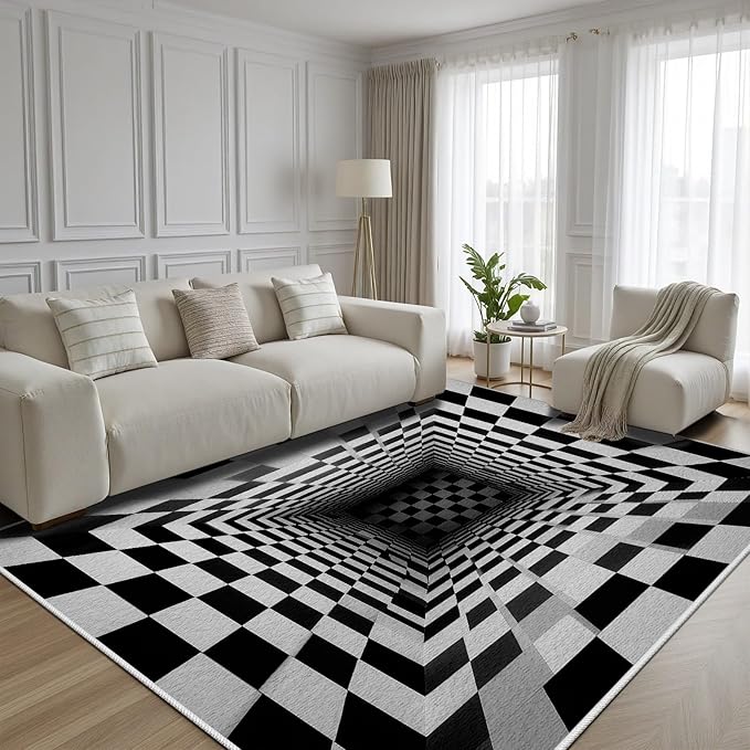 Optical Illusion Rug - Black and White Rug for Living Room, Soft Ultra Soft Faux Wool 8x10 Area Rugs Floor Mats, Non Slip&Non-Shedding Low Pile Checkered Washable Rugs, Abstract Geometric Carpet