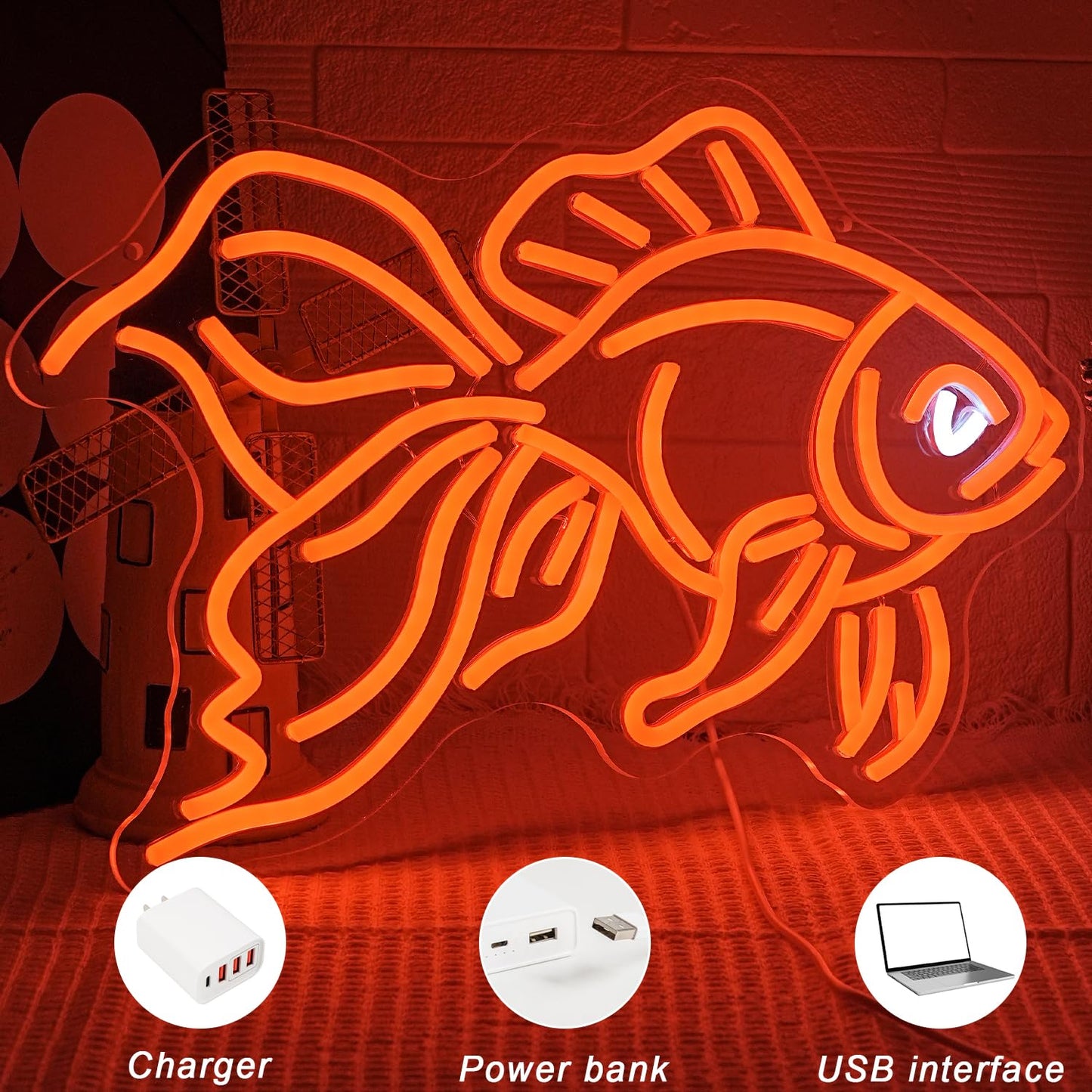 Gyaksjm Goldfish Neon Sign for Wall Decor Fish Neon Light Sign Ocean Neon Light Dimmable LED Neon Sign USB Light Up Sign for Bedroom Restaurant Fishing Shop Store Club Room Man Cave
