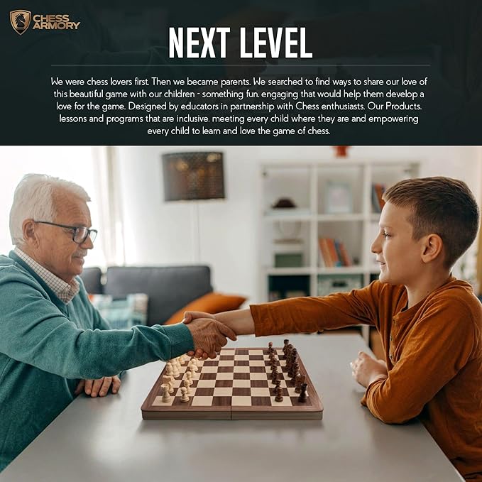 Chess Armory Wooden Chess Set 15 Inch - Premium Walnut Wood Handcrafted Game Board for Adults and Kids with Extra Queen Pieces and Storage Box - Ideal for Home and Travel - Non-Magnetic