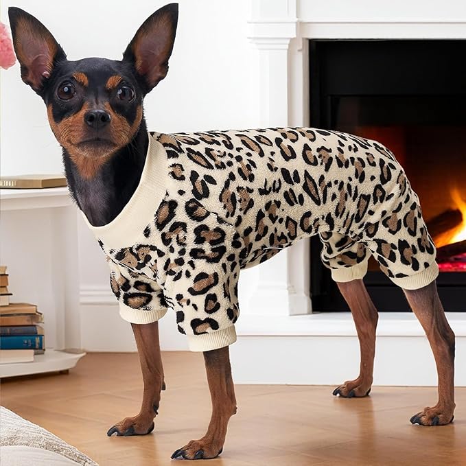 XPUDAC Fleece Dog Pajamas Leopard Dog Sweaters Winter Puppy Clothes for Small Medium Dogs Boy Girl Pet Jumpsuits Doggie Outfits for Christmas, L