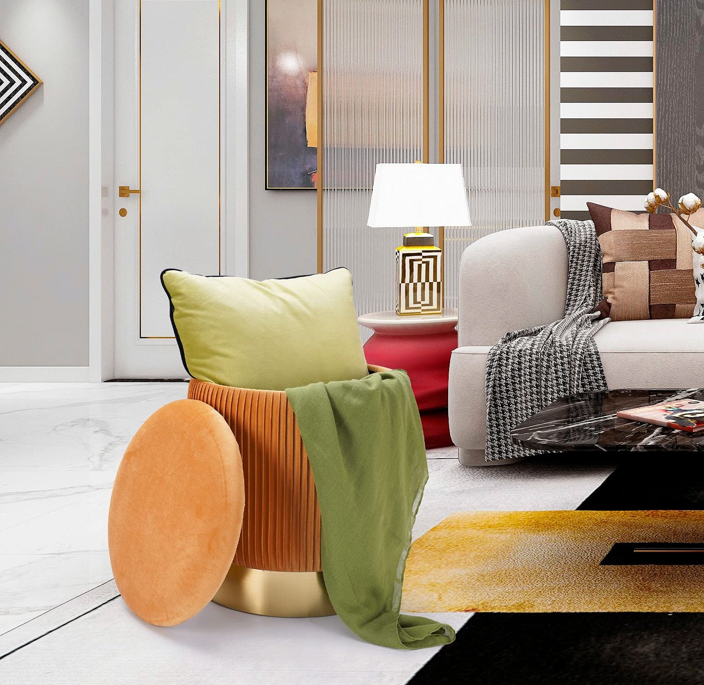 JUUON Round Velvet Storage Ottoman Set of 2, Nesting Pouf Footrest with Gold Metal Base and Pleated Design, Multifunctional Side Table & Vanity Stool for Living Room, Bedroom, Dorm (Pleated-Yellow)