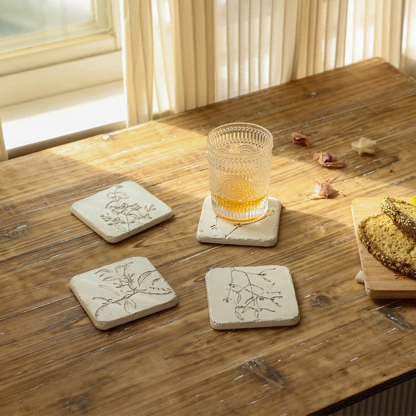 HOME PALETTE Botanical Coasters for Drinks Set of 4, 4.02 Inch Square Resin with Cork Base, Plant Floral Design, Absorbent Coasters for Bar Desk Coffee Table, White