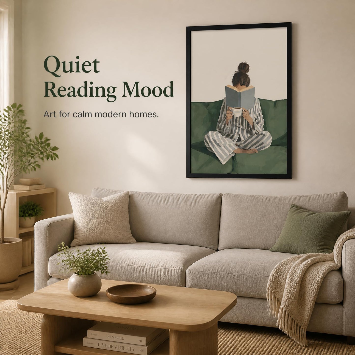 Framed Trendy Women Reading Book Wall Art Quiet Moment on The Sofa Art Prints Green Striped Painting Picture Modern Women's Minimalist Pictures Artwork for Living Room Bedroom Home office Wall Decor