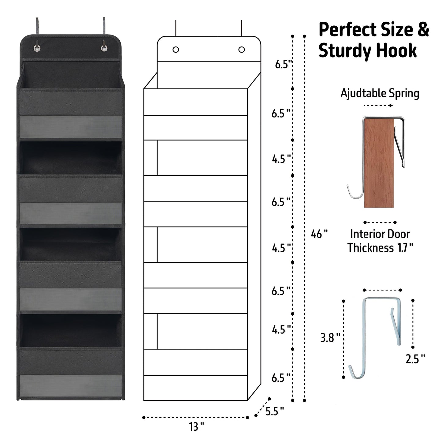 TYMENSH Black Over Door Organizer with 4 Large Clear Pockets, Compact Black Hanging Door Storage for Closet, Bathroom, Bedroom, Dorm, Nursery, Toys, Cosmetics, Baby Essentials