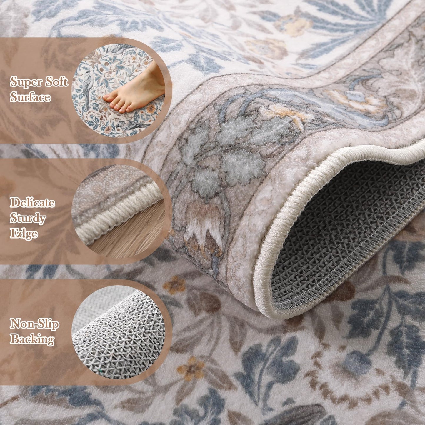 Morebes Floral Washable Area Rugs 5x7, Boho Rugs for Living Room Non Slip, Soft Indoor Floor Throw Carpet Flower Rug for Dining Room Table Bedroom Home Office Playroom Foyer, Beige