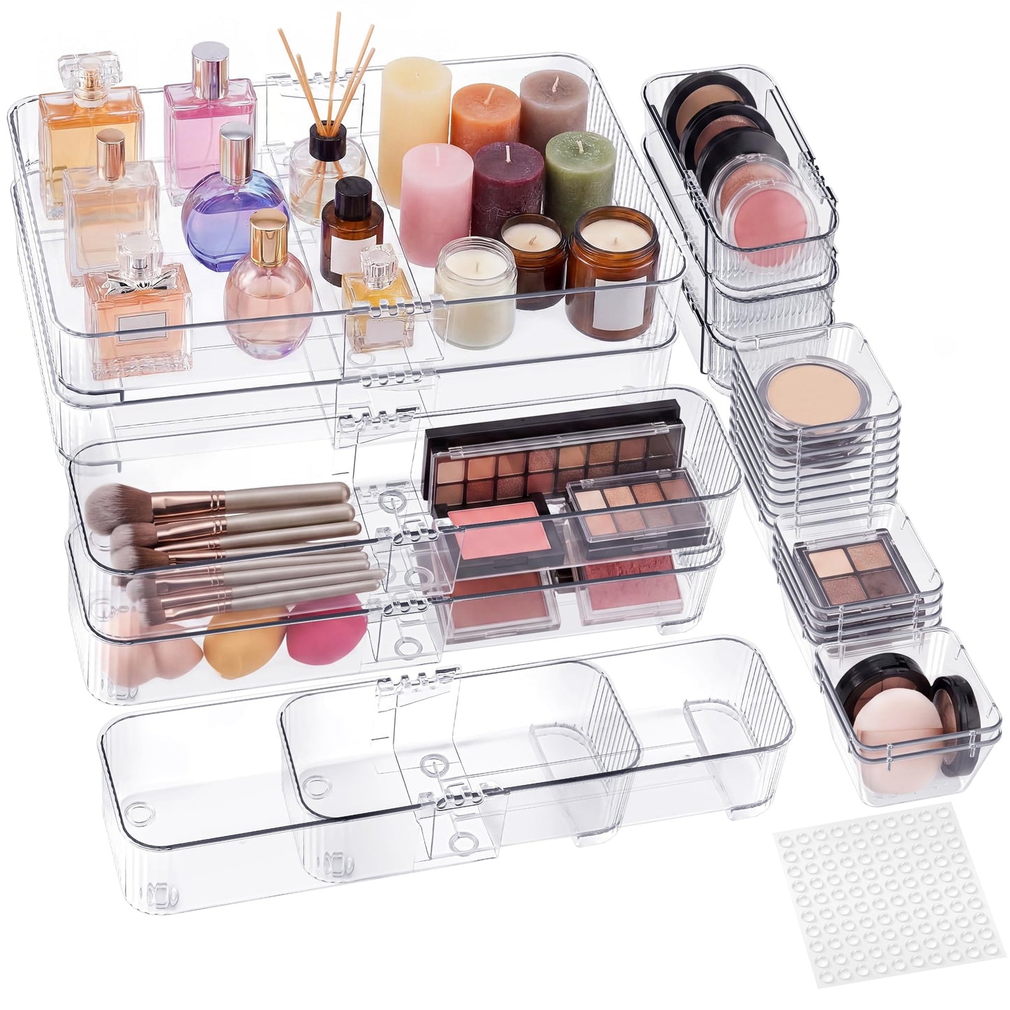 Aneco 25 Pieces Extendable Clear Drawer Organizer Adjustable Vanity Storage Box 4-Size Desk Drawer Divider Acrylic Storage Bins for Makeup, Cosmetic, Jewelries, Bedroom Kitchen Utensils Gadgets